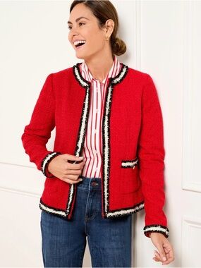 Talbots Red Tweed Black White Silver Fringe-Trim Collarless Blazer